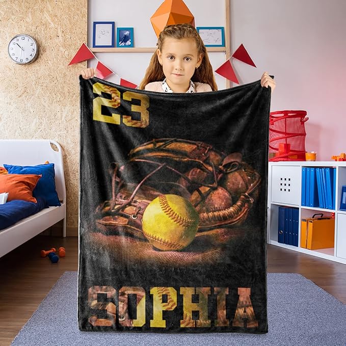 Custom Baseball Blanket for Baby Kids - Personalized Name and Number - Soft Warm and Fluffy Flannel Fabric Gift for Sports Lovers 40x50inch