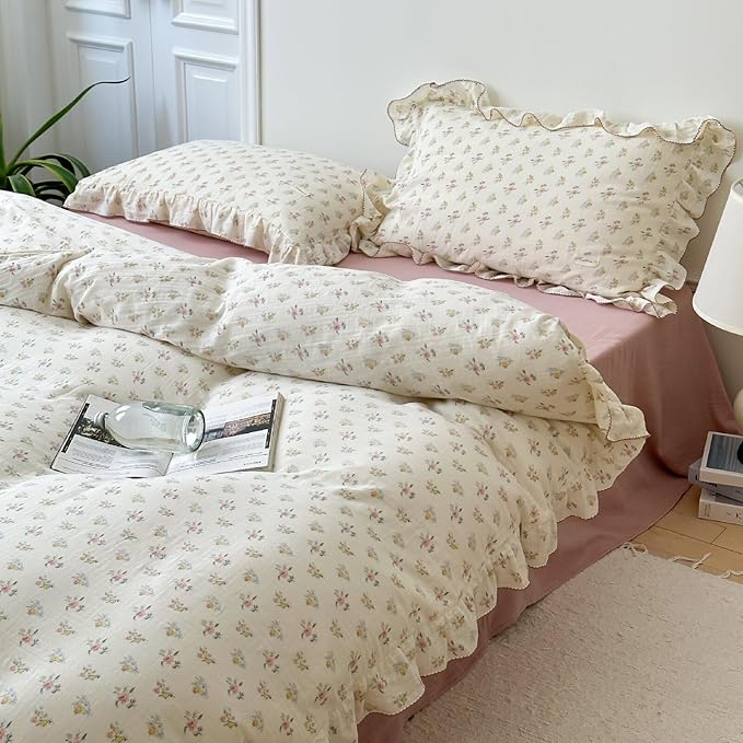 BuLuTu Muslin Duvet Cover King, Vintage Azalea Floral Comforter Cover with Ruffles, Princess Bedding Soft Breathable Gauze Cotton Quilt Covers,90"x104", Zipper Closure, No Pillow