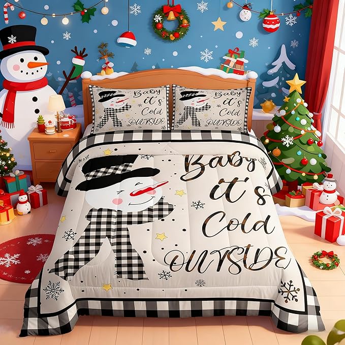 Kids Christmas Snowman Comforter Set King Size,Snowflake Winter Bedding,Girls Boys Adults Bedroom/Xmas Cabin Decor,Geometric Grids Lattice Down Comforter,Rustic Vintage Duvet Insert,2 Pillowcases