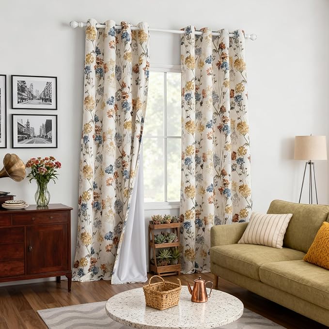 MYSKY HOME 100% Blackout Linen Floral Curtains 102 Inch Long 2 Panels Farmhouse Pattern Printed Double Layer Thermal Insulated Floor Length Window Drapes for Dining Room, Yellow, 52" Wide Each Panel