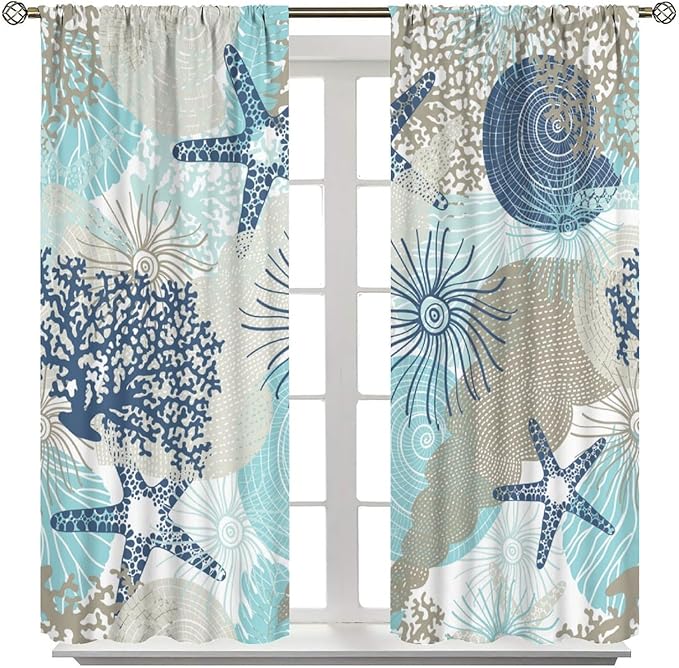 Shell Blackout Curtains Beach Shells Marine Life Water Grass Pattern Printed Curtains Suitable for Living Room Bedroom Privacy Curtains 63x72 Inches