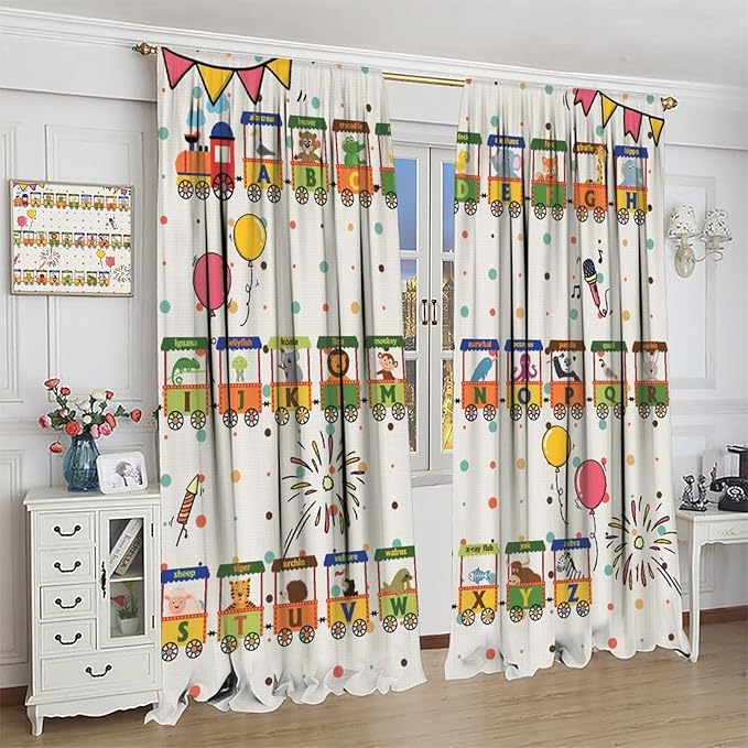 Alphabet Train Kids Curtain Animals Alphabet Children Teens Early Learning Printed Rod Pocket Blackout Window Treatments for Classroom Bedroom Nursery Playroom 84" W X 84" L
