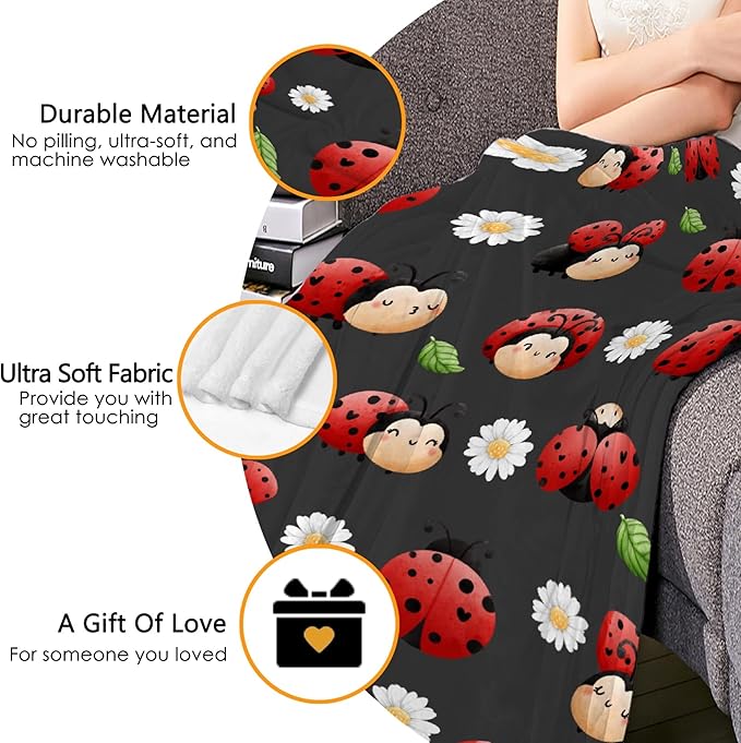 Thuswarm Cute Watercolor Ladybugs Grey Flannel Throw Blanket Warm Cozy Soft Funny Print Blankets for Bed Couch Sofa Room Decoration Gifts 120”×90” Extra Large for Family