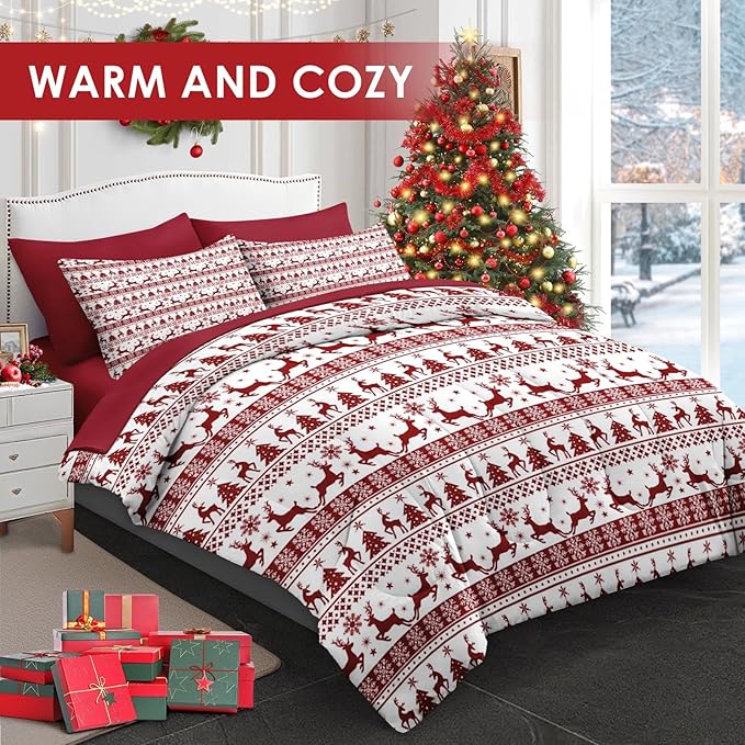 7 Pcs King Size Christmas Comforter Set with 2 Pillowcases & 2 Shams, Red Winter Funny Reindeer Bedding for Kids and Adults, Pine Tree Snowflake Bed in a Bag with Flat Fitted Sheet