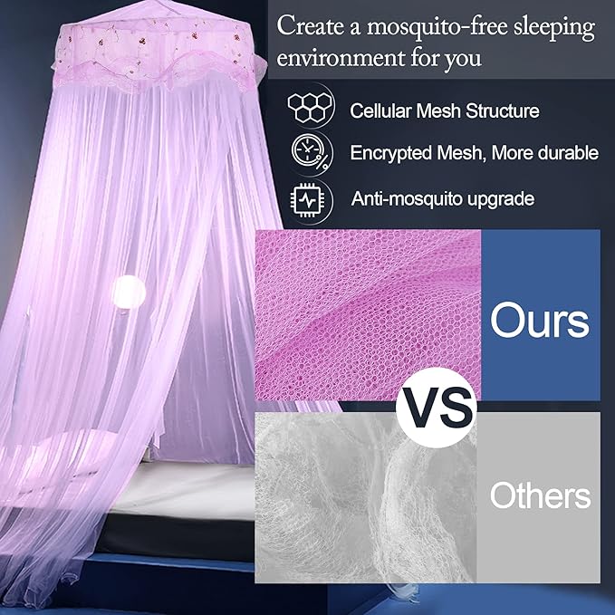 Bed Canopy for Girls, Princess Canopy Bed Curtains for Twin to King Size Bed, Canopy for Bed Baby Kids Adult, Bed Netting Canopy for Bedroom Decor Reading Nook, Summer for Outdoor Camping, Purple