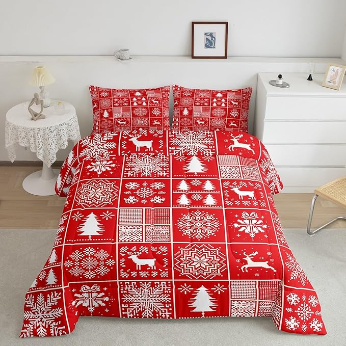 Kids Merry Christmas Comforter Set King Size,Deer Snowflake Pines Silhouette Bedding,Girls Boys Adults Bedroom/Xmas Cabin Decor,Geometric Lattice Down Comforter,Red Bright Duvet Insert,2 Pillowcases
