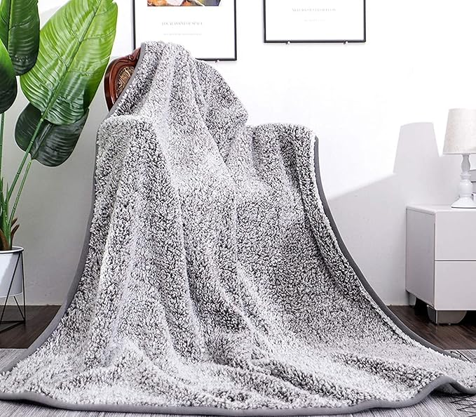 EMME Soft Sherpa Fleece Blanket Reversible Plush Fluffy Large Blanket, Light Weight Warm Decorative Boho Blanket Cover for Sofa, Couch, Bedroom,Travel(Plush Grey,108"x90")