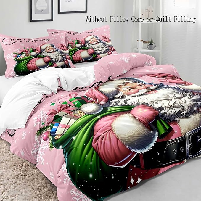 LUVIVIHOME 3PCS Pink Santa Claus Duvet Cover King, Christmas Bedding Sets, Pink Duvet Cover, Kids Girls Bedding, Snowflake Holiday Xmas Gifts Christmas Comforter Bedspread Quilt Cover, 2 Pillow Shams