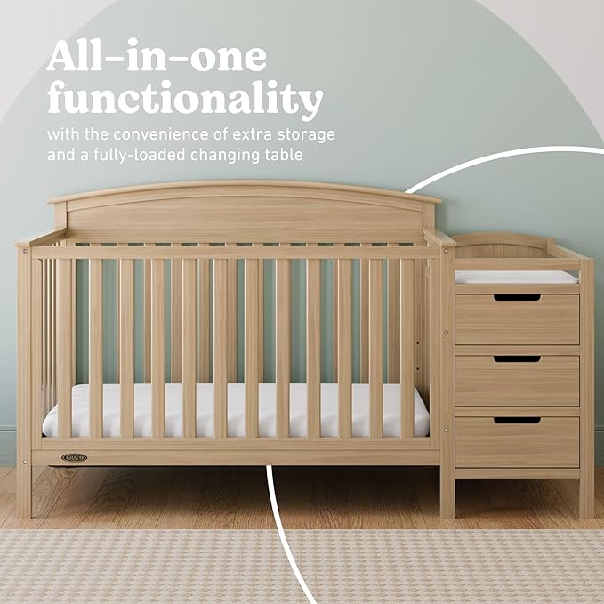 Graco Benton 4-in-1 Convertible Crib and Changer (Driftwood) – GREENGUARD Gold Certified, Crib & Changing Table Combo, Water-Resistant Changing Pad, Converts to Toddler Bed, Daybed and Full-Size Bed
