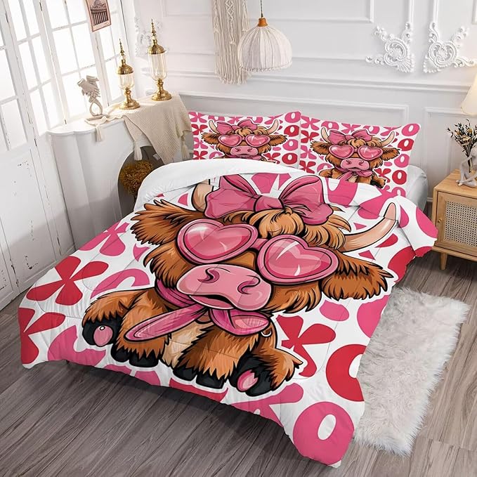 kxry Cute Cattle Comforter Set Full Size Cartoon Calf Animal Bedding Sets for Girls Teens Kids Funny Animal Soft Microfiber Lightweight Comforter Set with 1 Comforter + 2 Pillow Cases
