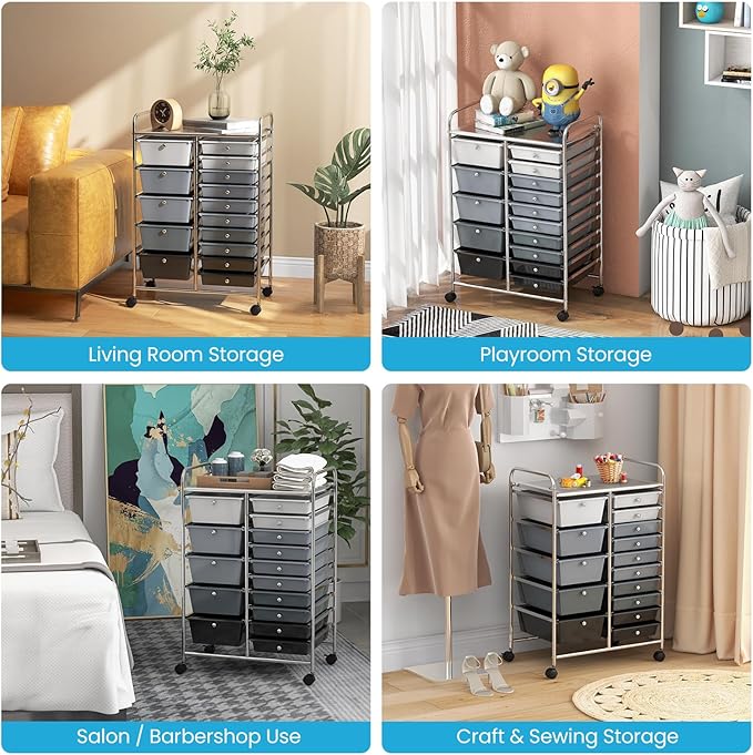 RELAX4LIFE 15-Drawer Storage Drawer Carts - Mobile Rolling Utility Cart w/Wheels, Craft Organizer for Classroom Organization and Storage, School, Office, Home, Storage Organizer Cart (Gradient Black)