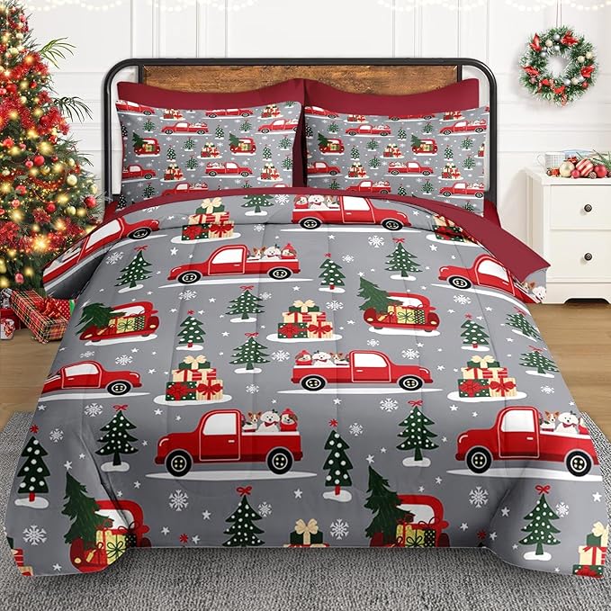 7 Pcs Queen Size Christmas Comforter Set with 2 Pillowcases & 2 Shams, Red Cartoon Truck Bedding for Kids and Adults, Merry Winter Pine Tree Bed in a Bag with Flat Fitted Sheet