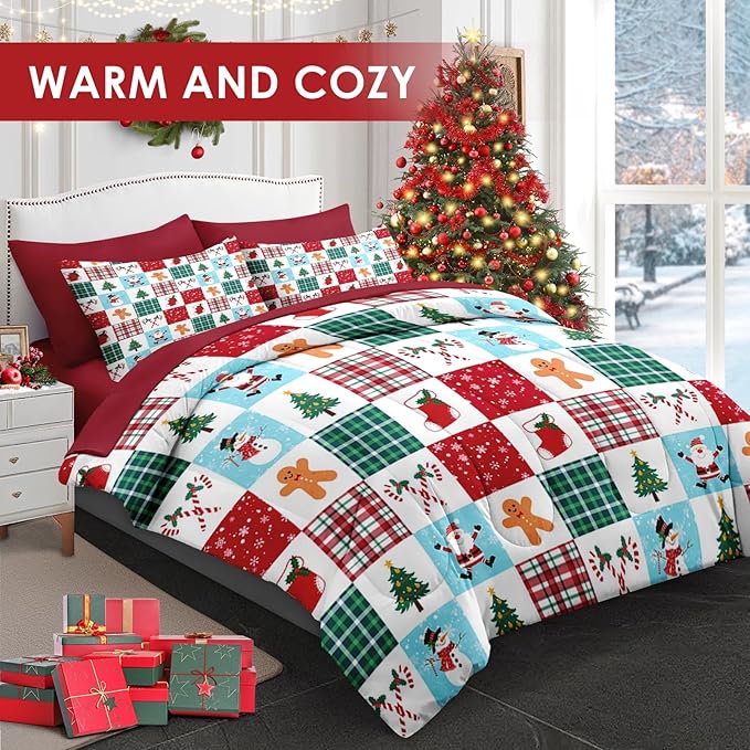7 Pcs King Size Christmas Comforter Set with 2 Pillowcases & 2 Shams, Colorful Plaid Snowman Bedding for Kids and Adults, Cute Gingerbread Man Bed in a Bag with Flat Fitted Sheet
