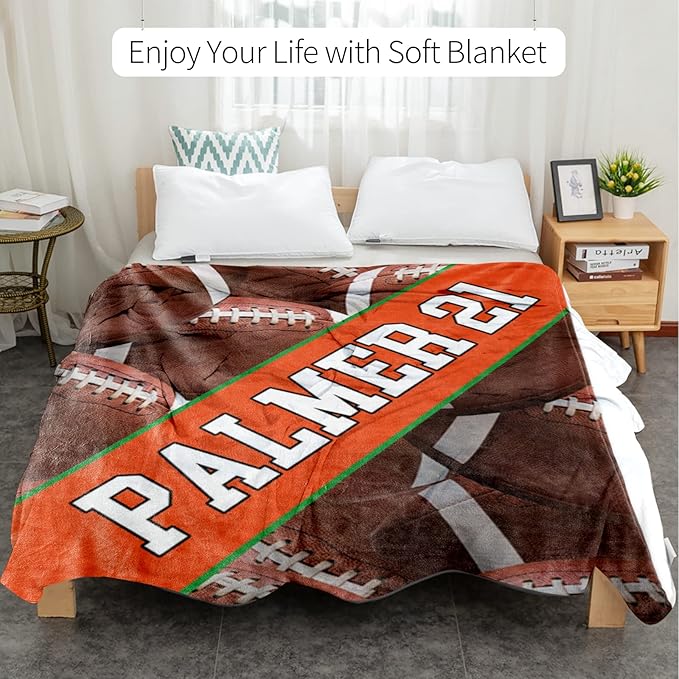 Personalized Football Baby Blanket Gifts: Custom Soft Flannel Fabric Blankets with Name Number for 0-6 Years Kids Boys Girls - Warm and Comfortable(50X60inch)