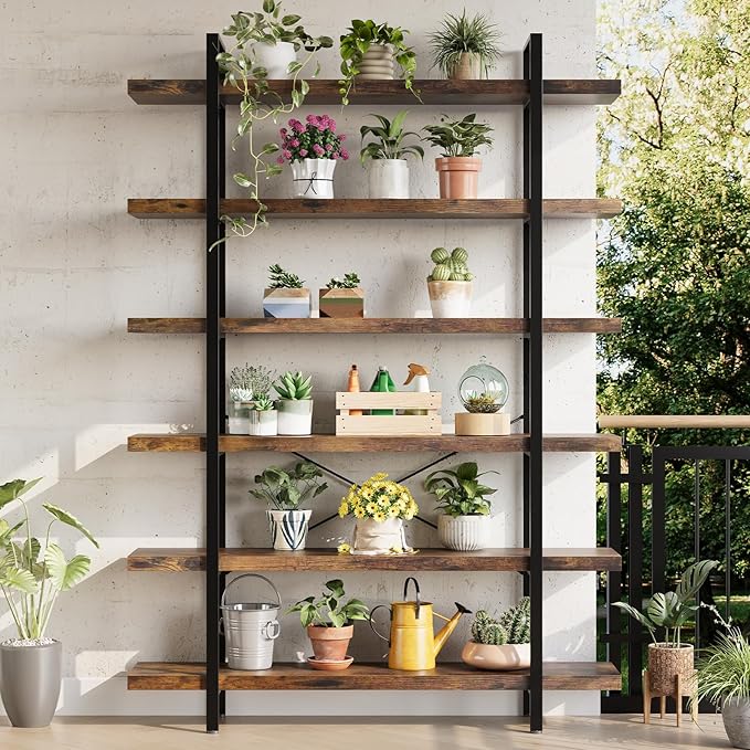 6 Tier Bookcase, 47 Inch Wide Wood Bookshelf, 120lbs Shelf Capacity Estante, Rustic Open Shelving Industrial Display with Reinforced Horizontal Brown Shelves for Living Room Bedroom Office