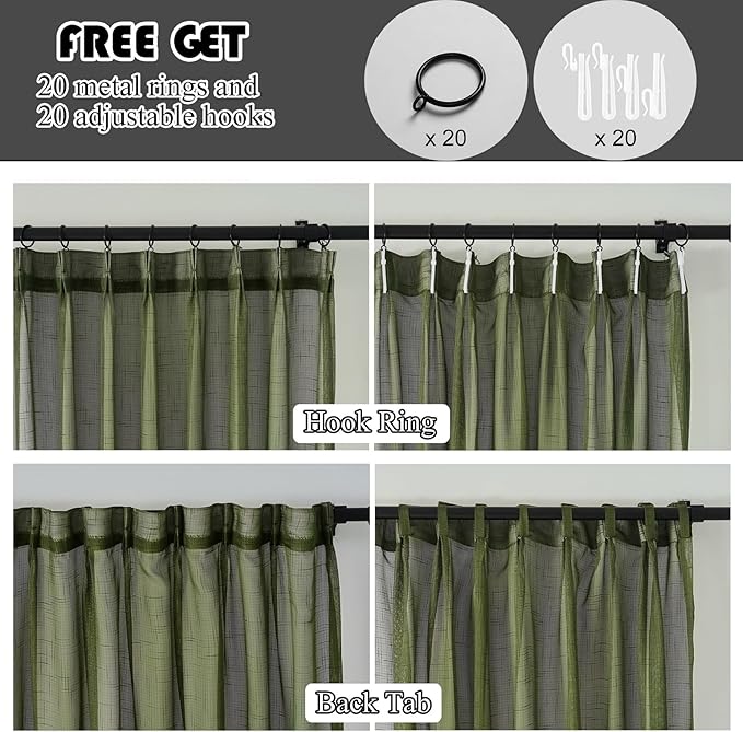 Dark Green Linen Look Pinch Pleated Sheer Curtains 84 Inches Long 2 Panels, 50 Inches Width, Rustic Textured Light Filtering Drapes, Olive Window Curtain with Hooks