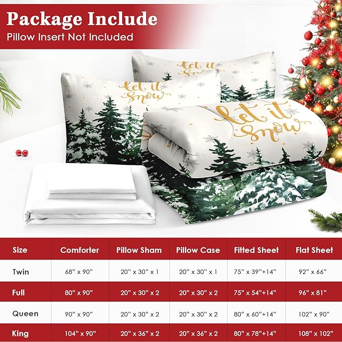 7 Pcs King Size Christmas Comforter Set with 2 Pillowcases & 2 Shams, Countryside Nature Snowy Bedding for Kids and Adults, Winter Forest Green Pine Tree Bed in a Bag with Flat Fitted Sheet