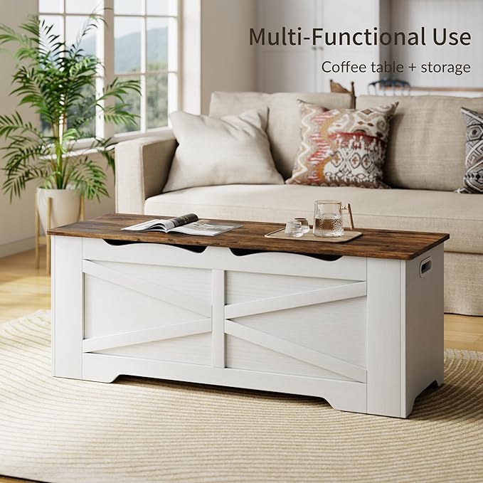 Storage Trunk, 47.2" Large Storage Bench for Bedroom, Lift Top Storage Chest, 300lbs Capacity Engineered Wood Entryway Bench with Storage, 2 Hinges for Living Room Hallway, White & Walnut