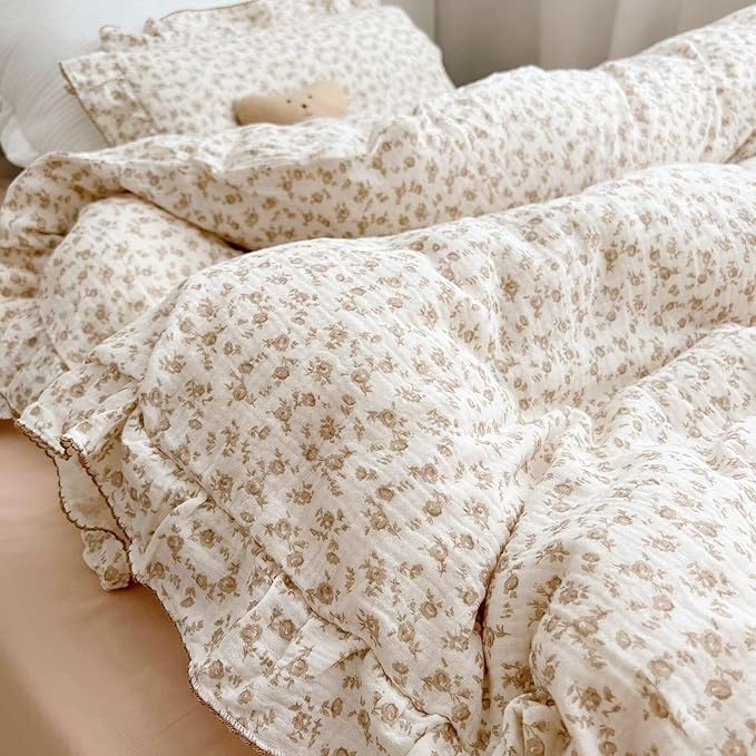 BuLuTu Soft Cotton Muslin Duvet Cover Girls Kids Floral Duvet Cover Beige Crib Bedding Comforter Cover Quilt Cover, 47"x59", Camellia Print (Pillowcases Not Included)