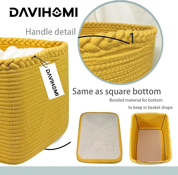Small Woven Cotton Rope Basket for Storage, Gift Baskets for Handles, Cloth Storage Baskets for Organizing-13.5" x 11" x 9.5" home decor for Living Room, Bathroom（Yellow）