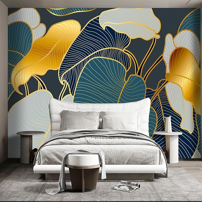 Golden Botanical Leaf wallpeper Living Room Bedroom Wall Mural - 137"x96"（Not Peel and Stick）