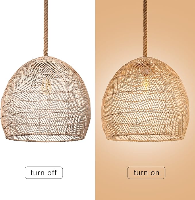 Arturesthome 1 Light Natural Rattan Pendant Light Fixture,Woven Pendant Light Wicker Chandelier,Hanging Ceiling Light,Handmade Lampshade,Rope Lamp for Kitchen Island W19.6in X H 17.7in