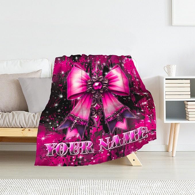 Personalized Girls Blanket - Personalized Bow Blankets for Kids, Teens - 50" x 60" Soft Fuzzy Pink Throw for Daughter