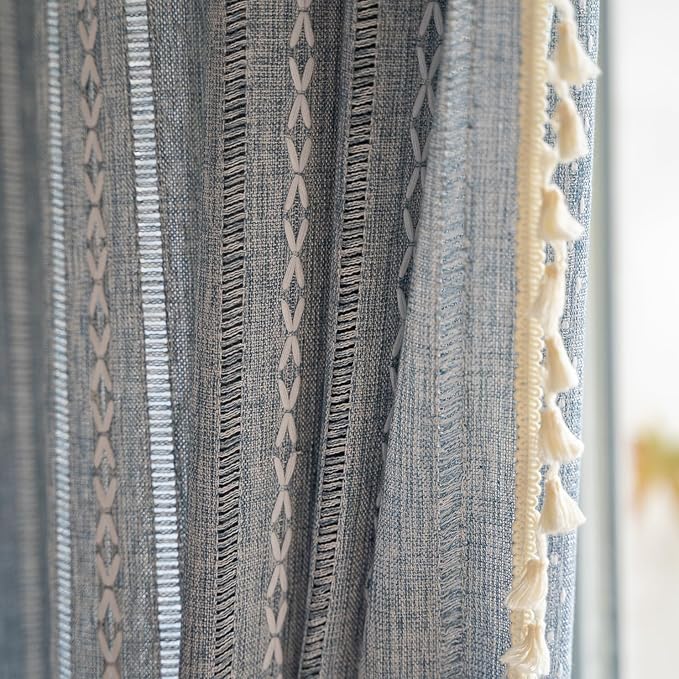 Deeprove Blue Boho Sheer Linen Curtains 72 inches Length for Bedroom Living Room Dining Nursery Closet, Denim Jean Semi Sheer Curtains Darkening Embroidery Drape Window Treatment, 1 Panel W52 x L72