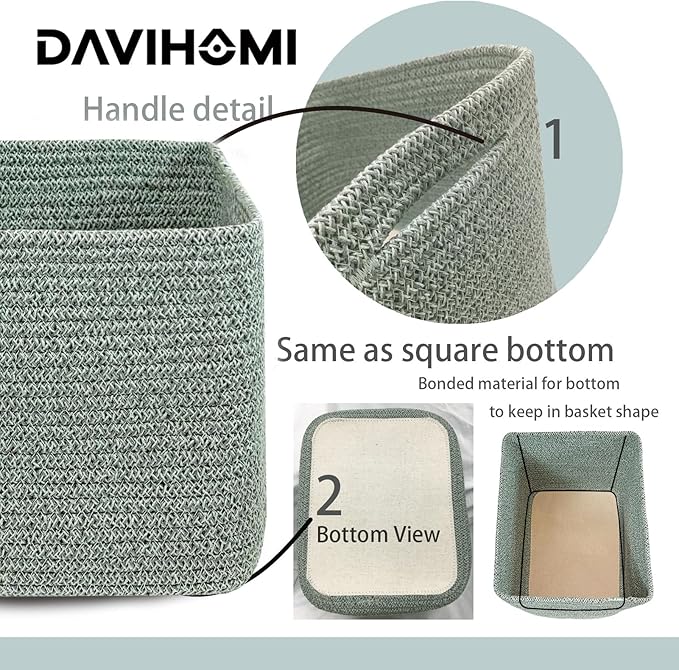 Rectangular Woven Cotton Rope Basket for Organizing, Gift Baskets for Handles, Empty Gift Baskets, Medium Rope Basket|13.5" x 11" x 9.5" home decor for Living Room, Bathroom(Green)