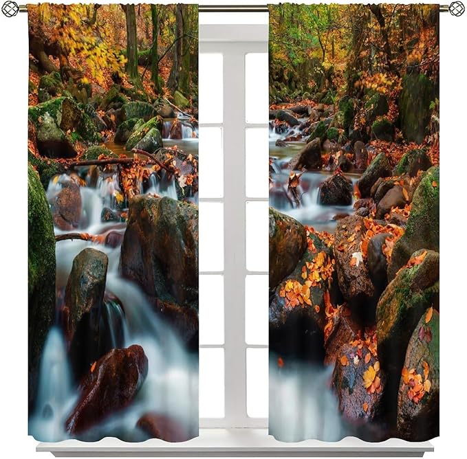 Autumn Waterfall Blackout Windows Curtains, Nature Autumn Forest Farmhouse Window Drapes, for Living Room Bedroom 42" W X 45" L