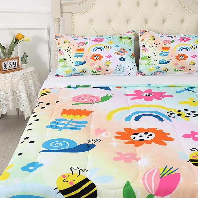 Rainbow Comforter Set Queen Size Cartoon Frogs Bedding Sets for Girls Kids Women Boys Flowers Butterfly Bees Snails Insects Cute Kawaii Quilt 1 Comforter + 2 Pillow Cases