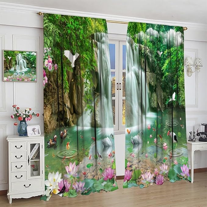 Scenery Waterfall Blackout Curtains, China Country Landscapes Nature Pattern Window Drapes, for Bedroom Living Room 72" W X 63" L