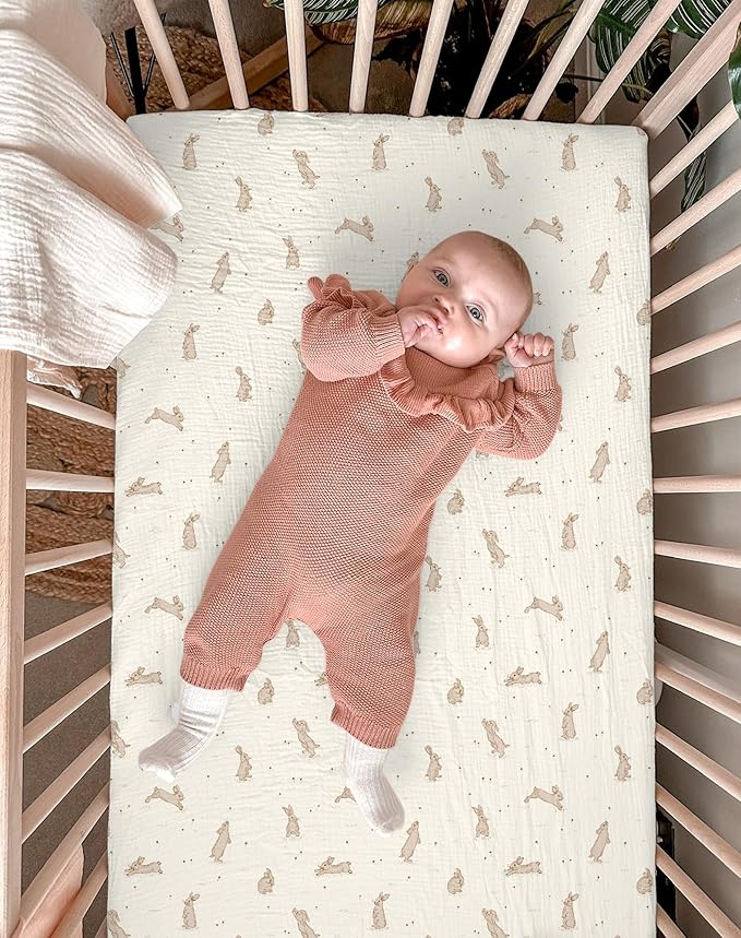 Crib Sheets for Baby Boy Girl 2 Pack, Fitted Crib Mattress Sheet 28" x 52", Muslin Toddler Bedding with Neutral Style, Nursery Bedding Essentials (Hopping Bunnies & Beige)