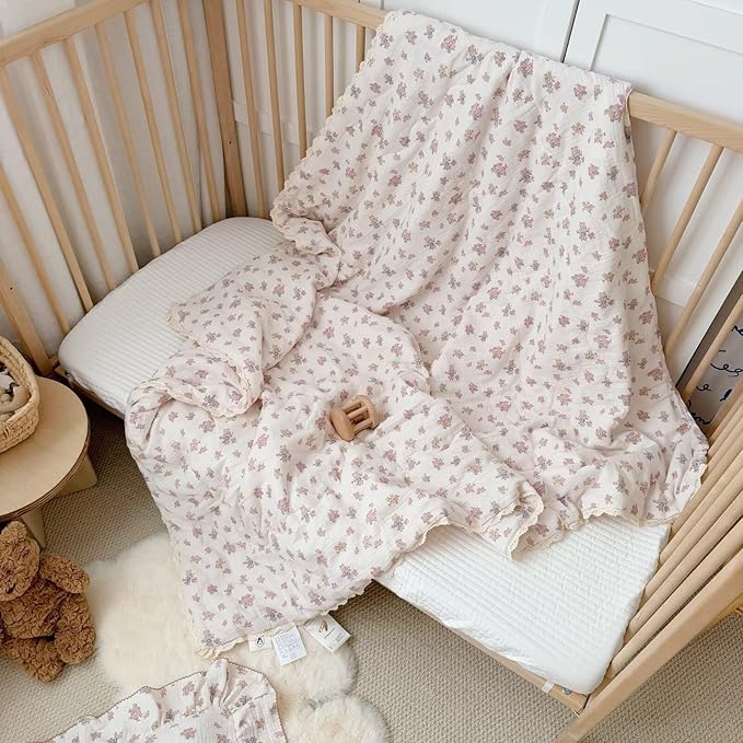 BuLuTu Chic Tuberose Flower Pattern Kids Toddler Girls Quilted Blanket with Lace Edges, 2 Layers Cotton Muslin Comforter Lightweight Pink Blue Floral Toddler Bed Blankets, 47x59 Inches