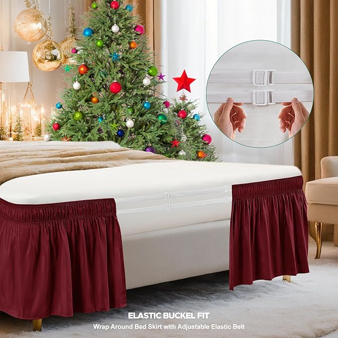 Biscaynebay Wrap Around Bed Skirts for Queen Beds 22" Drop, Burgundy Adjustable Elastic Dust Ruffles Easy Fit Wrinkle & Fade Resistant Silky Luxurious Fabric Solid Machine Washable
