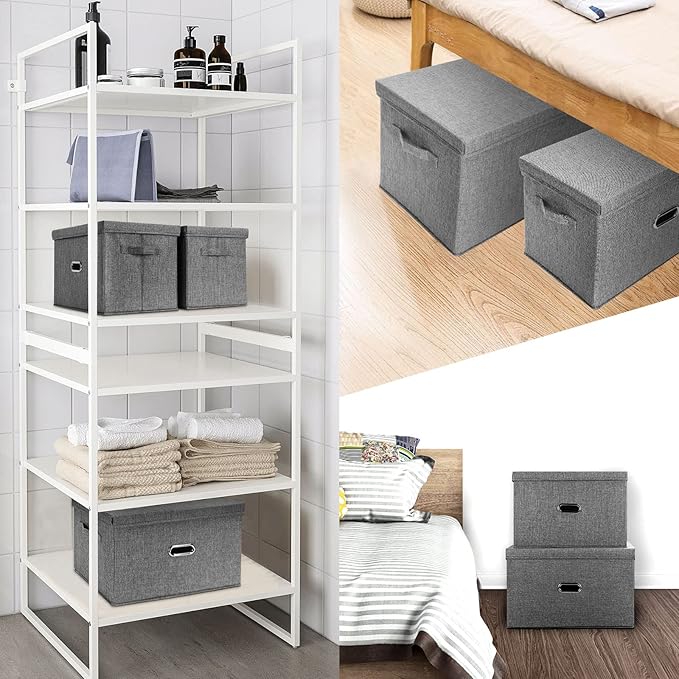 Large Linen Fabric Foldable Storage Bins with Removable Lid and Handles, Washable Storage Box Organizer Containers Baskets Cube with Cover for Bedroom,Office(Black, Extra Large(2-Pack))