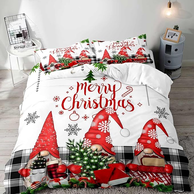 LUVIVIHOME 3PCS Christmas Gnome Duvet Cover Full, Christmas Bedding, White Duvet Cover, Holiday New Year Xmas Santa Swedish Tomte Snowflake Red Black Buffalo Plaid Comforter Quilt Cover 2 Pillow Shams