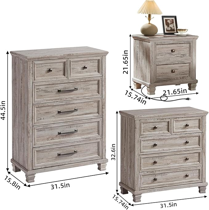 Farmhouse Bedroom Dresser and Nightstand Set of 4, 6 Drawer Tall & 5 Drawers Dresser & 2 Drawer Nightstand Set, Rustic Wood Furniture Set for Bedroom, Hallway, Grey
