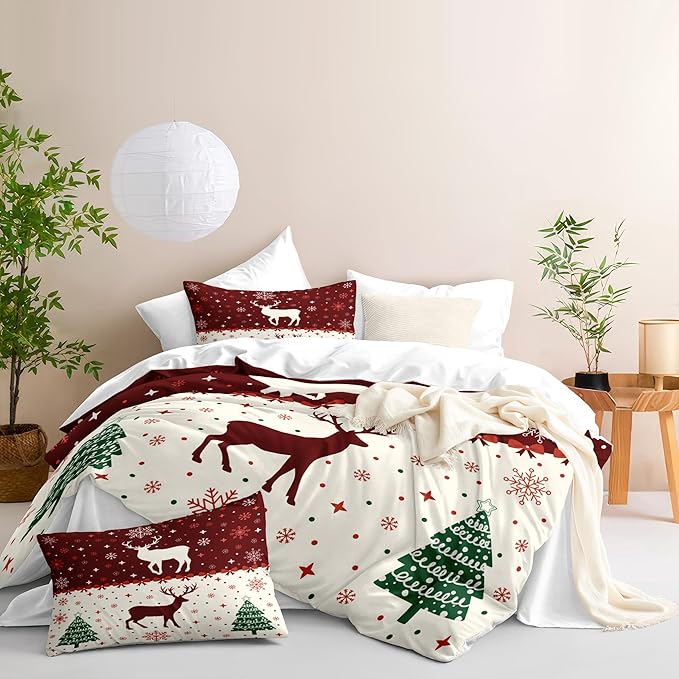 Christmas Duvet Cover King Size Red Bow Deer Bedding Set Kids Boys Girls Xmas Christmas Tree Comforter Cover 3 Pieces with Zipper Closure (No Comforter)