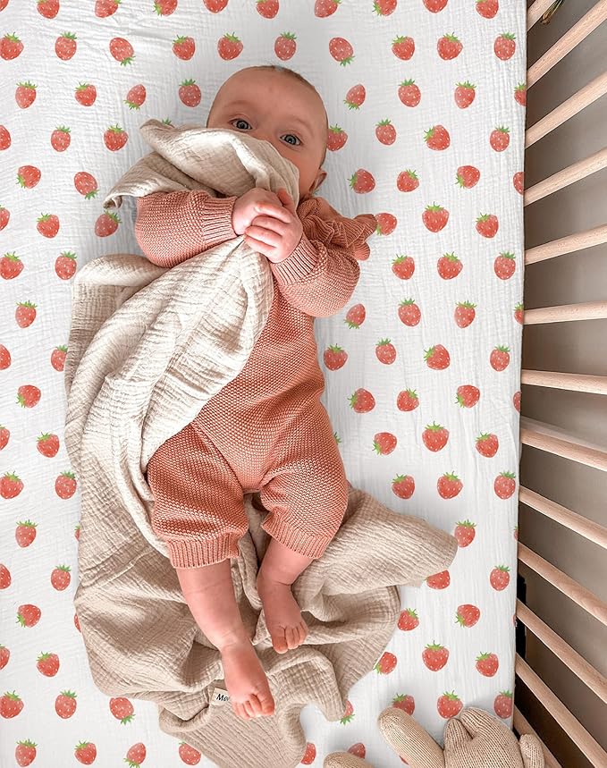 Pack and Play Sheets for Baby Boy and Girl 2 Pack, Neutral Muslin Cotton Pack N Play Mattresses Sheet 27"x39", Muslin Nursery Bedding Soft and Breathable Comfort (Strawberry & Pale Pink)