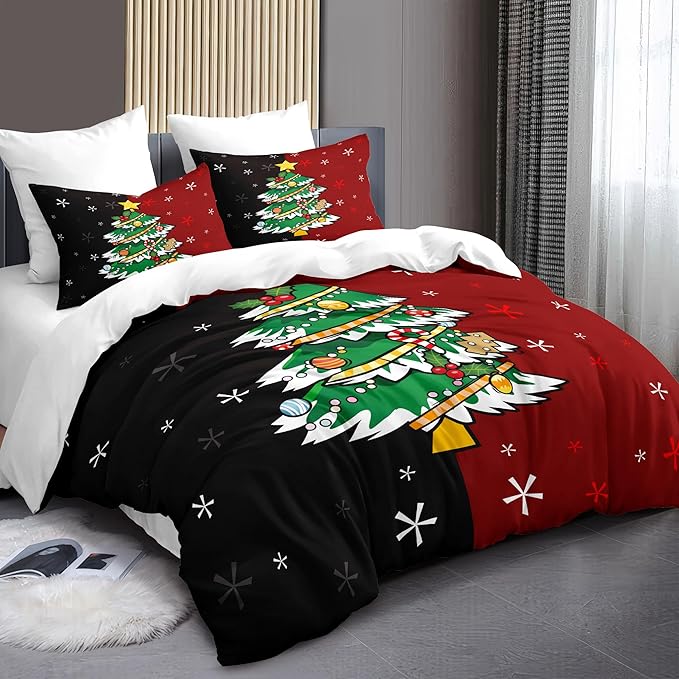 Christmas Duvet Cover King Size Black Red Christmas Tree Bedding Set Kids Boys Girls Xmas Couple Holiday Comforter Cover 3 Pieces with Zipper Closure (No Comforter)