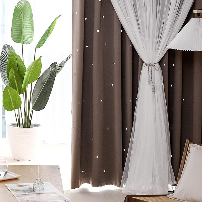 Kinryb Kids Blackout Curtains for Bedroom/Living Room/Classroom, Sheer Overlay 2 Free Tiebacks, Double Layer Curtains with Star Cutout for Kids Room(Each Piece W 70 x L 84 Inches 2 Pcs Coffe)