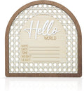 Baby Announcement Sign 6.5 Inch Wooden Hello World Newborn Welcome Sign Birth Name Plaques for Photo Props Shower Hospital Nursery (Rattan)
