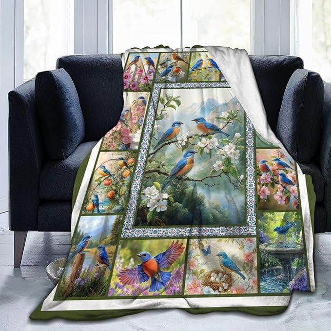 Blue Hummingbirds Blanket Moutain Flowers Bird Throw Blankets Gifts for Girls Boys Women Cozy Warm Soft Fuzzy Flannel Throw Plush Stuffed Animal Fleece Gifts for Kids Men Women for Sofa Bed 60" x80"
