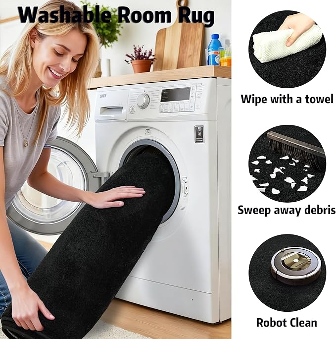 Chicrug 2x6 Minimalist Washable Runner Rugs for Bedroom Hallway, Modern Soft Memory Foam Rug for Kids Nursery, Low Plie Indoor Runner Entryway Carpet for Dorm Kitchen Bedside Living Room Decor, Black