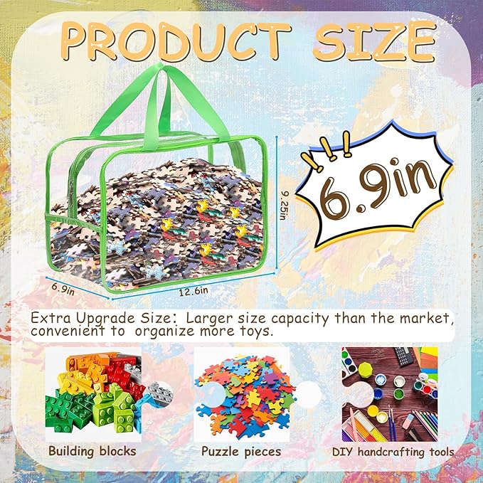 12.6 * 9.25 * 6.9 IN Extra Large Toy Storage Bags, 6 Packs Clear Colorful Waterproof Toy Organizer Bags with Labels, Dual Zippers and Portable Handheld Design, Board Game Storage for Building Blocks