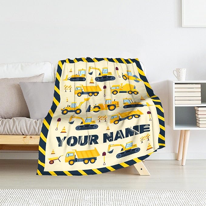 Custom Construction Blanket for Construction Lovers - 50" x 60" Inches Warm Fuzzy Throw Blanket Gift - Yellow Throw for Sofa, Work, Living Room