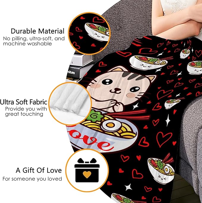 Thuswarm Kawaii Ramen Cat Red Heart Love Flannel Throw Blanket Warm Cozy Soft Funny Print Blankets for Bed Couch Sofa Room Decoration Gifts 40"×30" XSmall for Pets