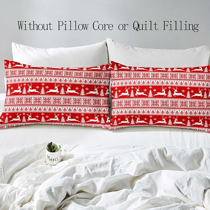 LUVIVIHOME 3PCS Christmas Duvet Cover King Bedding Set, Red Duvet Cover, White Reindeer Snowflake Christmas Tree Winter Holiday New Year Xmas Striped Christmas Comforter Quilt Cover, 2 Pillow Shams