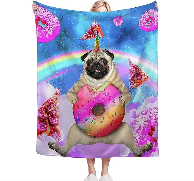 Pug Blanket Funny Pug Gifts for Girls Boys Woman Kids Doughnut Pizza Lover Dog Throw Blankets Soft Blanket Warm Fleece Flannel Plush Blankets for Bed Sofa Couch 60"x80"
